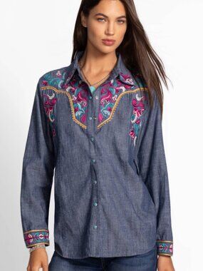 Johnny Was Deidre Western Seamed Yoke Embroidered Shirt Blouse L NWT